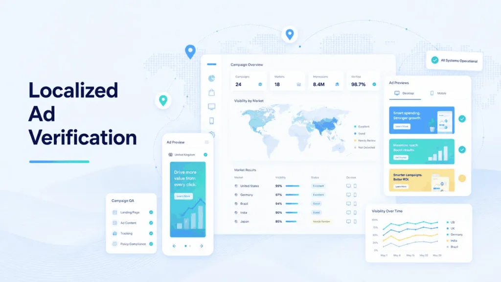Local ad verification dashboard with campaign previews, regional visibility data, and QA status panels