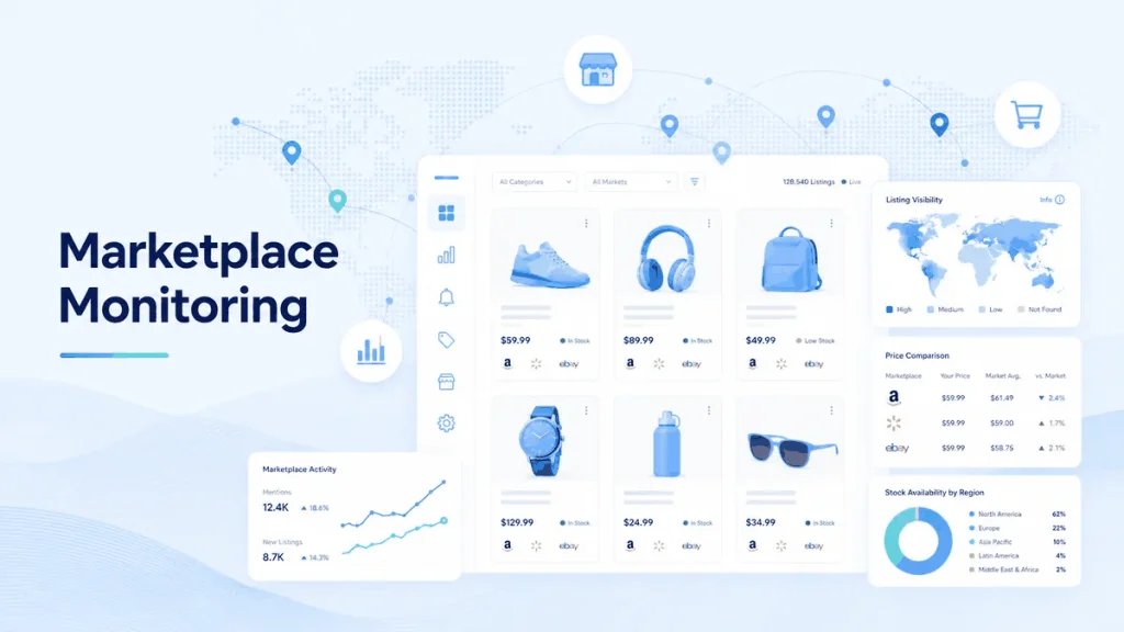 Marketplace monitoring interface with product listings, stock status, price comparison, and regional visibility map