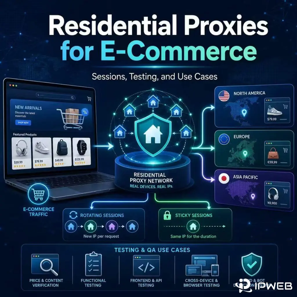 Residential proxies for e-commerce diagram showing rotating sessions, sticky sessions, regional QA testing, and proxy traffic routing