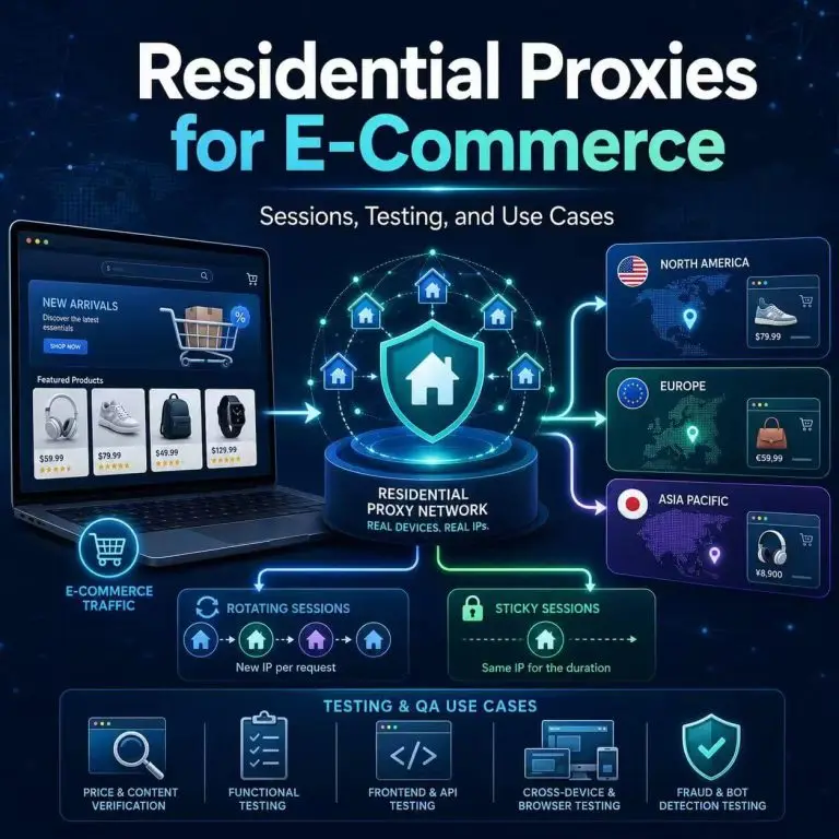 Residential proxies for e-commerce diagram showing rotating sessions, sticky sessions, regional QA testing, and proxy traffic routing