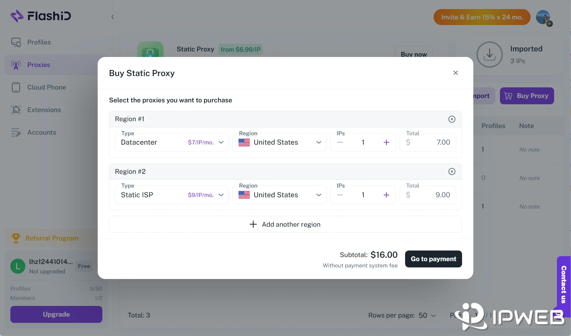 Buy Static Proxy modal showing region selection and pricing calculator for datacenter and ISP proxies