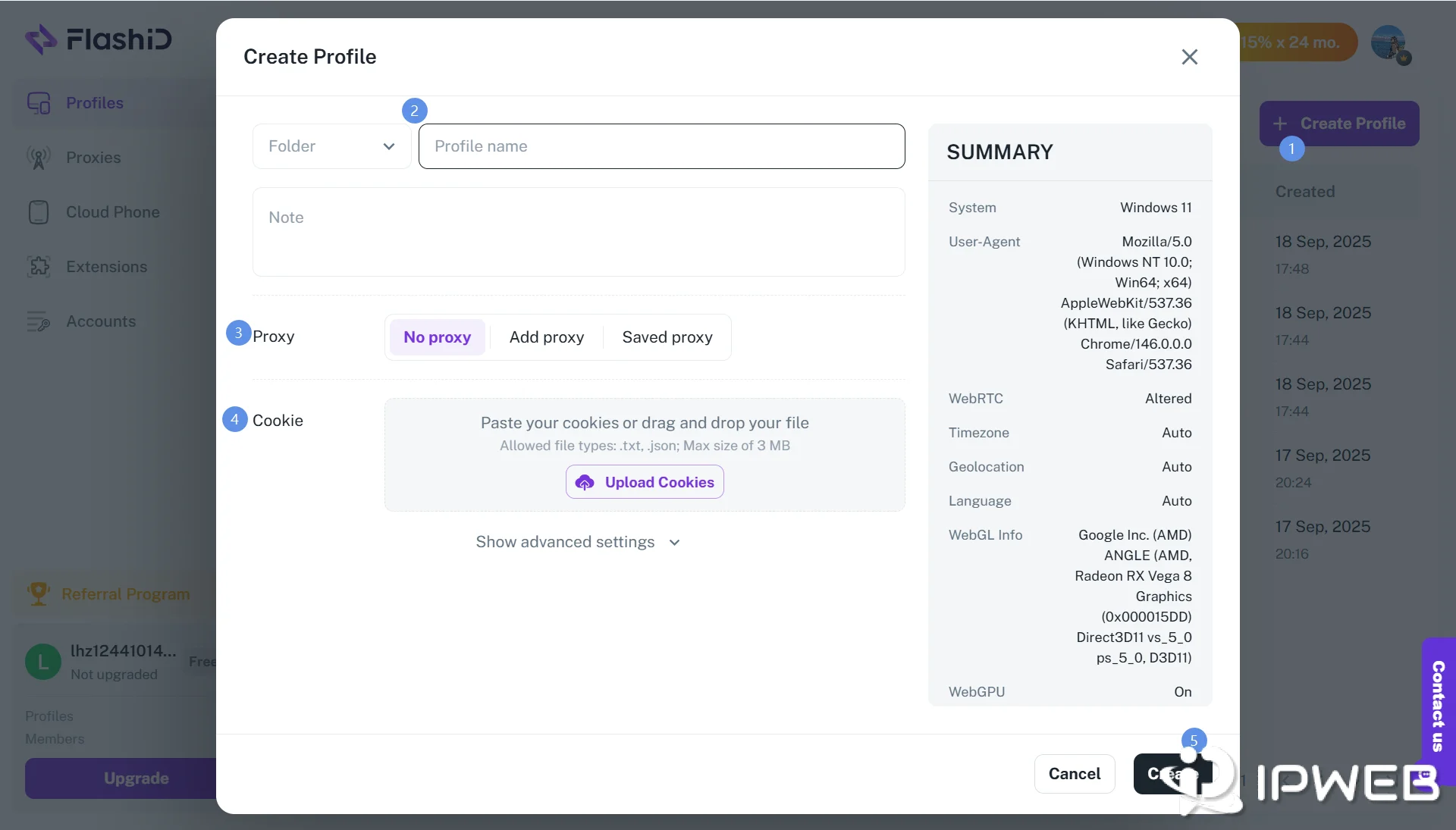 Screenshot of FlashID Create Profile modal with proxy settings and fingerprint configuration options