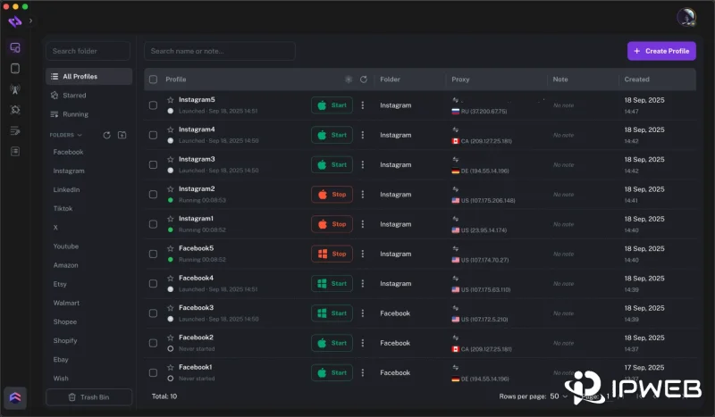 Dark mode proxy list interface showing IP addresses, status and locations