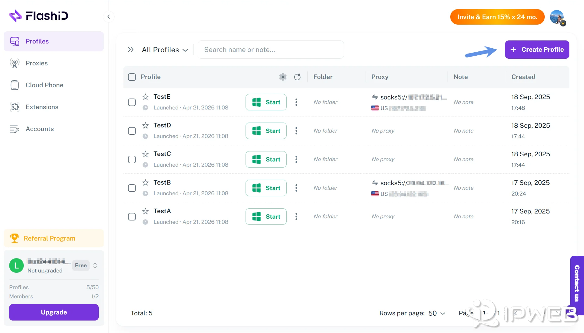 FlashID dashboard showing multiple browser profiles with create profile button and status indicators