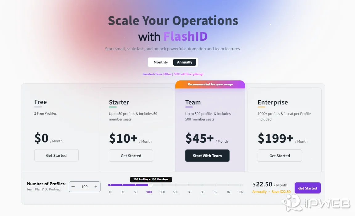 FlashID subscription pricing tiers including Free Starter Team and Enterprise plans