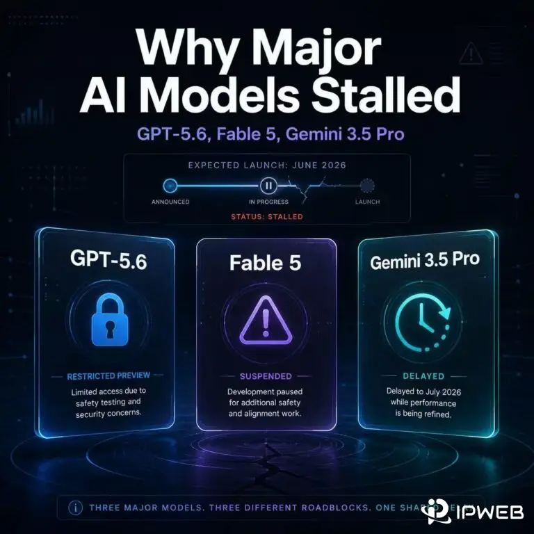 GPT-5.6, Fable 5, and Gemini 3.5 Pro shown as restricted, suspended, and delayed AI model releases in June 2026