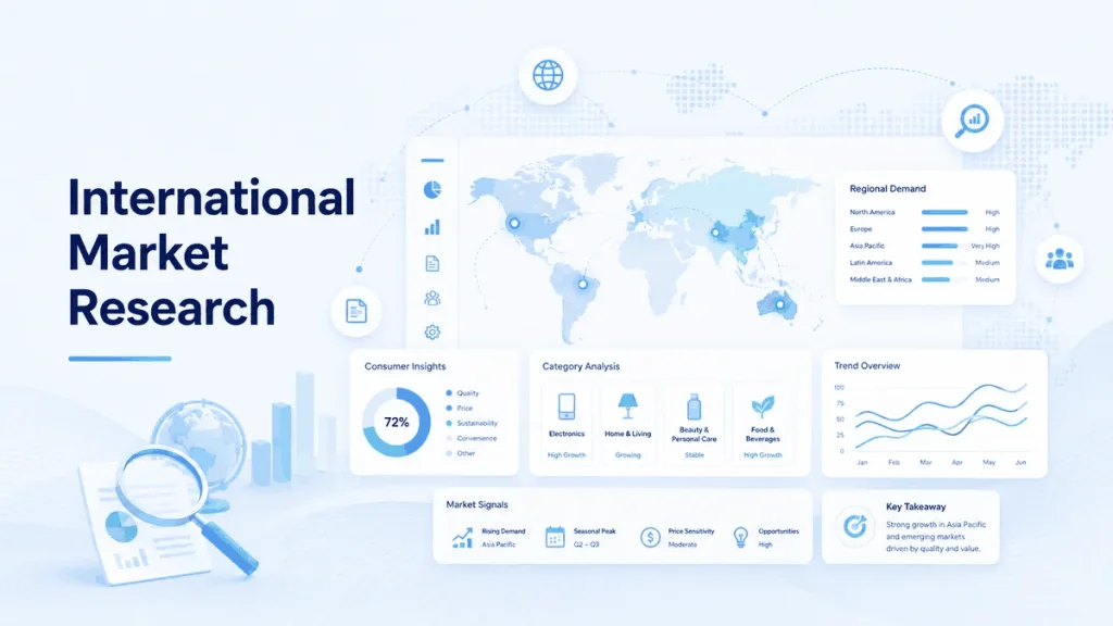 International market research interface with demand signals, category insights, and regional trend charts