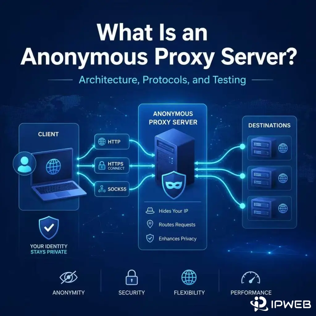 Anonymous proxy server diagram showing client traffic routed through HTTP, HTTPS CONNECT, and SOCKS5 to destination servers