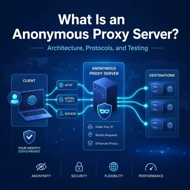 Anonymous proxy server diagram showing client traffic routed through HTTP, HTTPS CONNECT, and SOCKS5 to destination servers