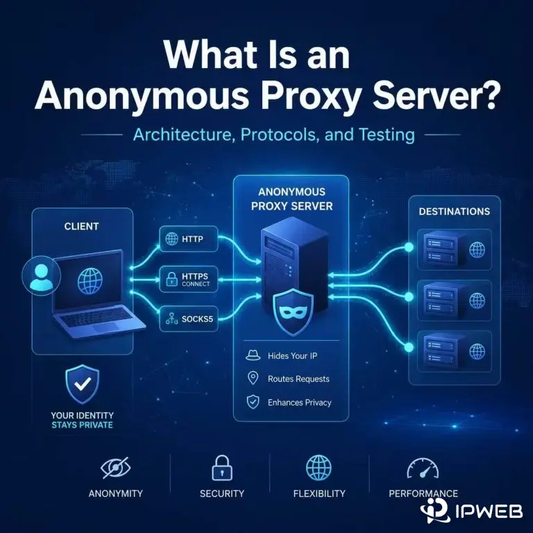 Anonymous proxy server diagram showing client traffic routed through HTTP, HTTPS CONNECT, and SOCKS5 to destination servers