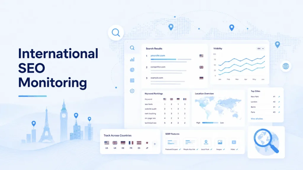SEO monitoring dashboard with localized search results, keyword rankings, and regional visibility charts