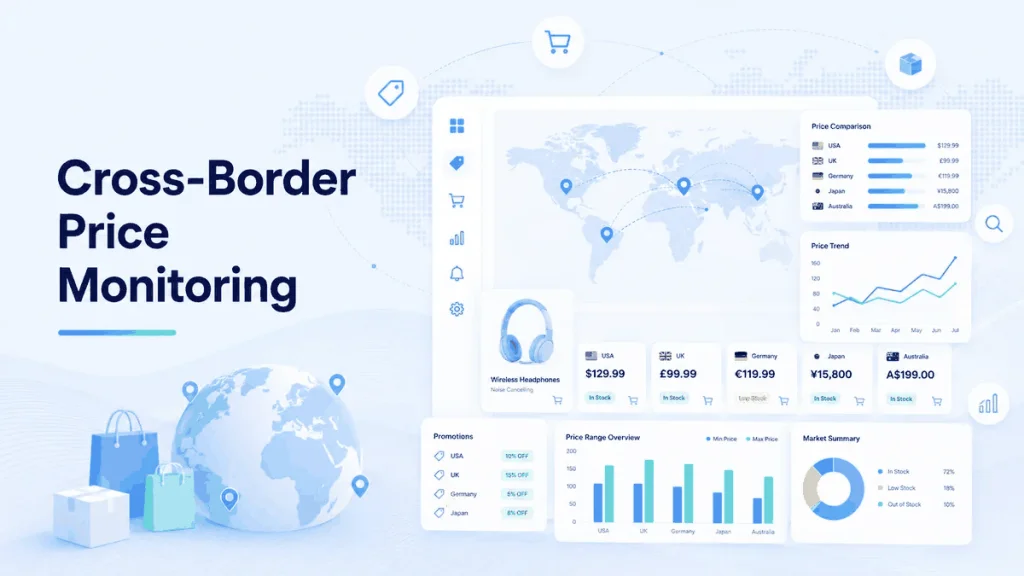 Cross-border retail pricing dashboard showing product prices, market trends, and regional comparison data
