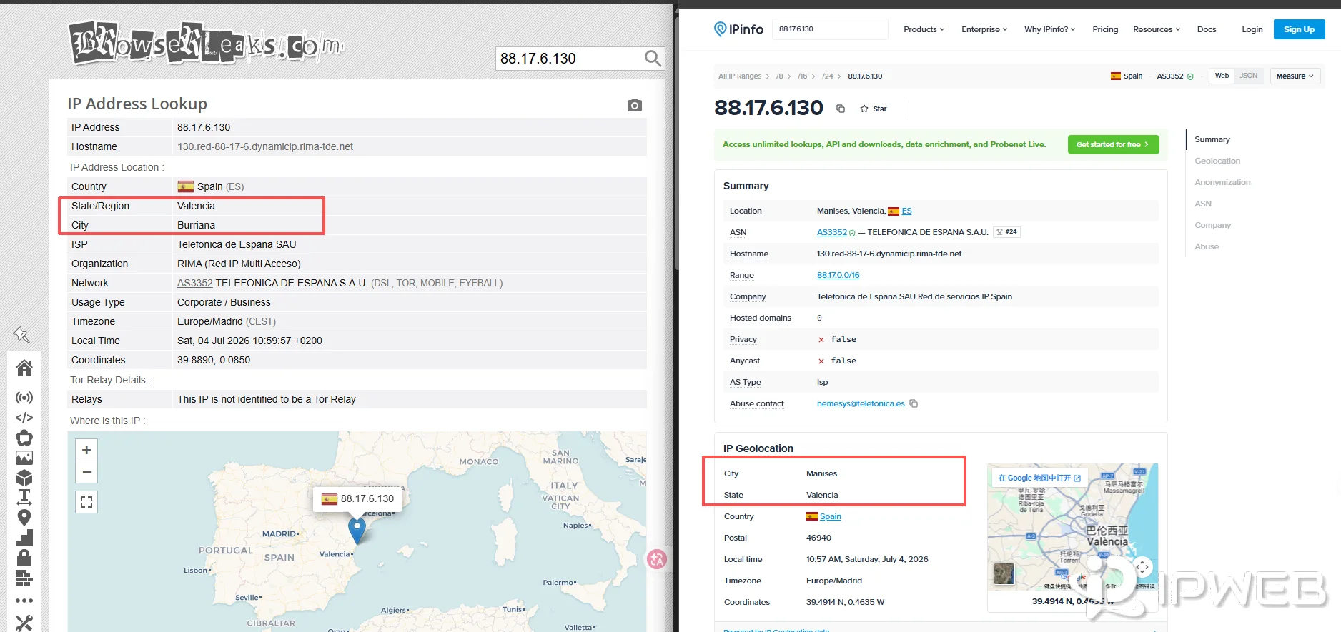 Different IP lookup tools showing different city-level IP location results for the same IP address