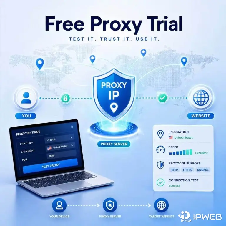 Free proxy trial illustration showing IP location, speed, protocol support, and proxy connection testing