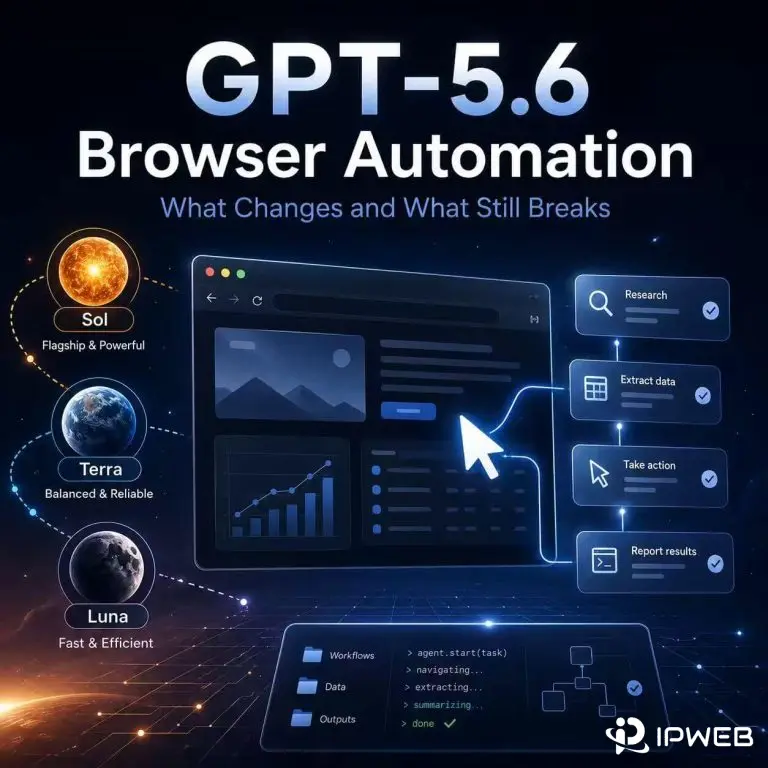 GPT-5.6 browser automation cover showing Sol, Terra, Luna, and an AI agent workflow