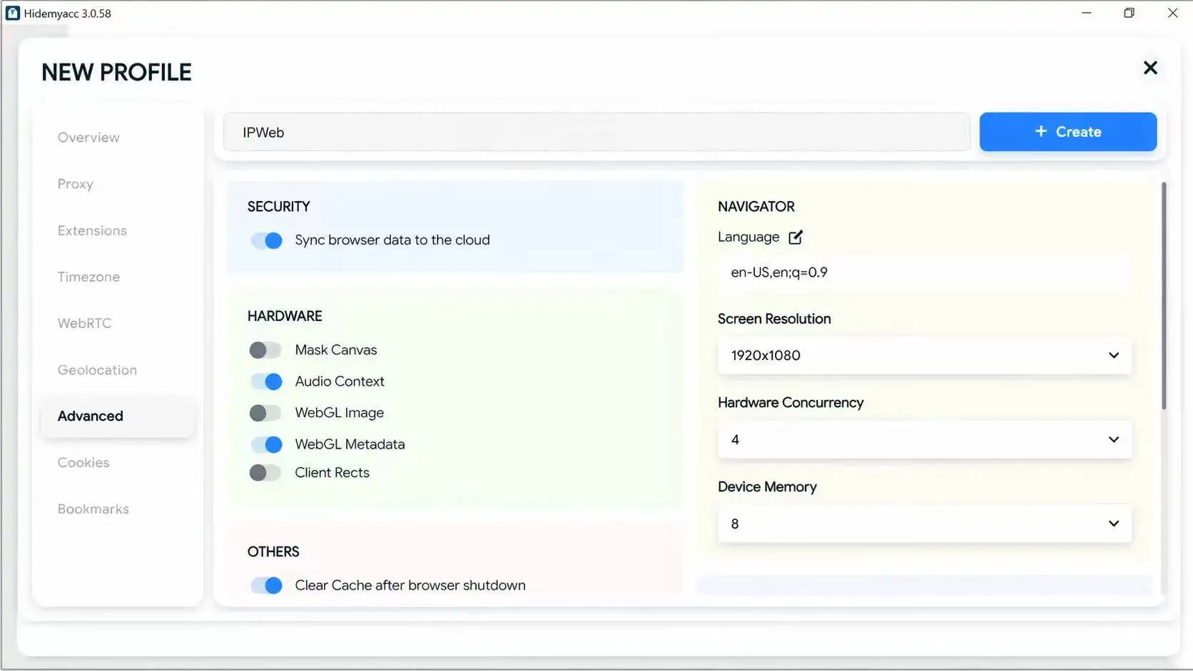 Adjust advanced browser fingerprint settings in Hidemyacc before adding an IPWeb proxy