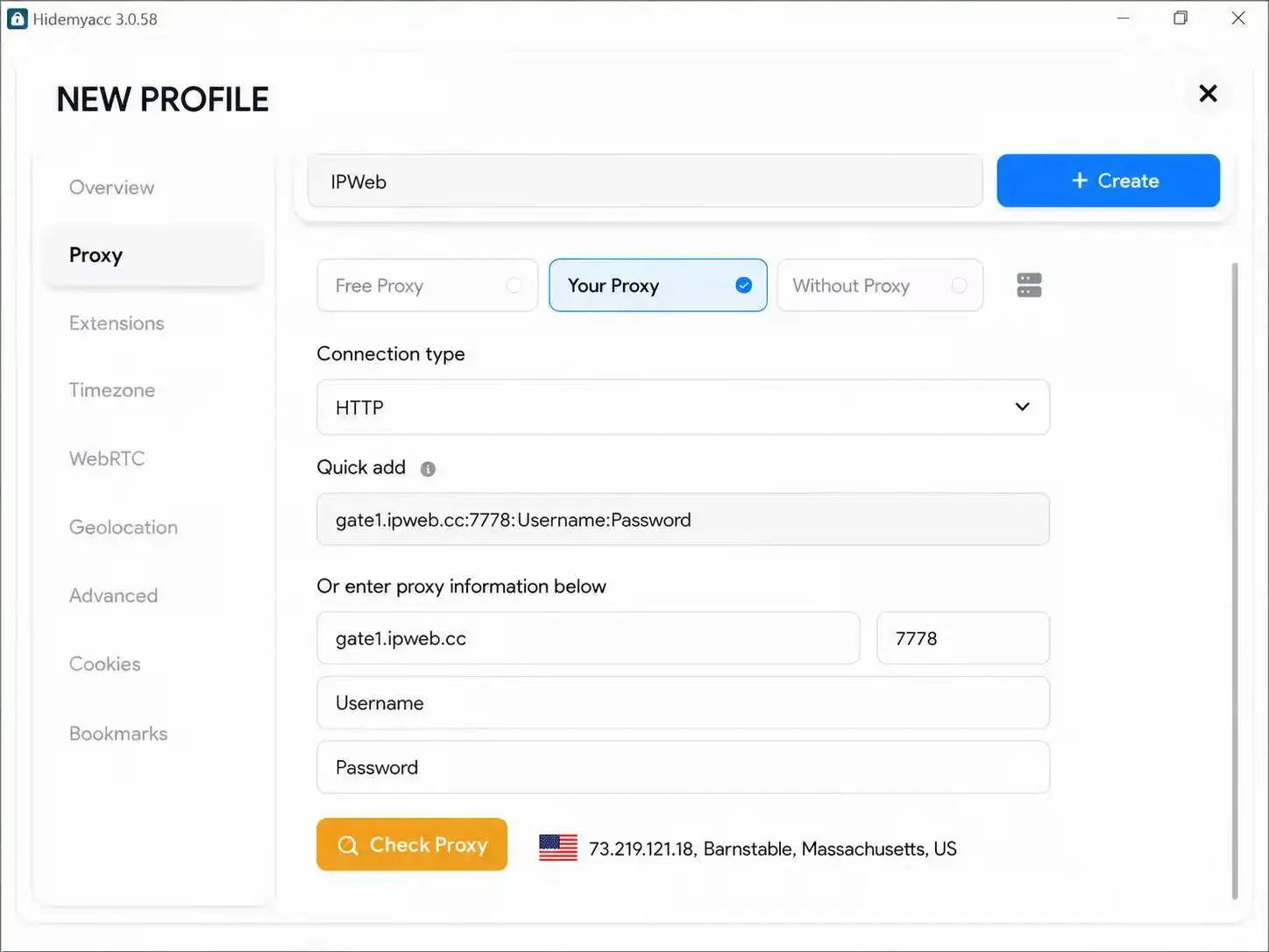 Check IPWeb proxy connection result in Hidemyacc
