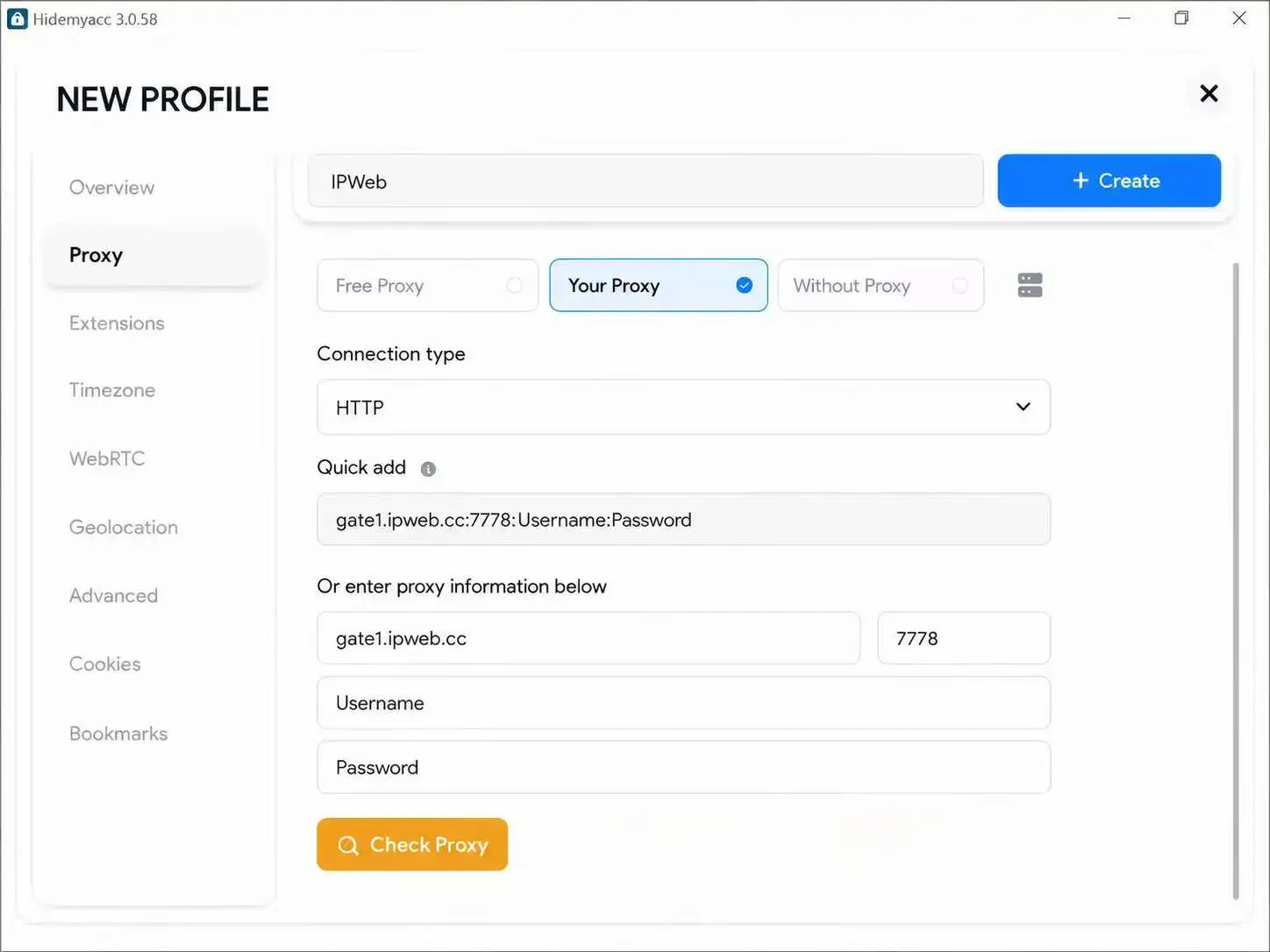 Add IPWeb proxy details in Hidemyacc using host port username and password