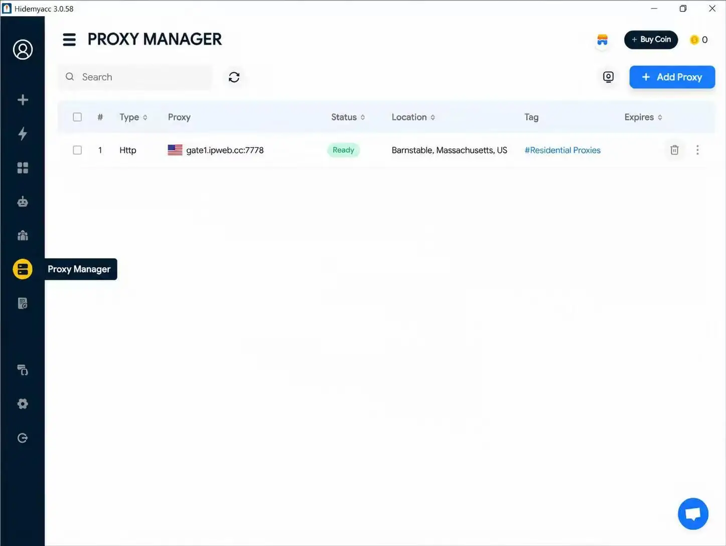 IPWeb proxy saved in Hidemyacc Proxy Manager