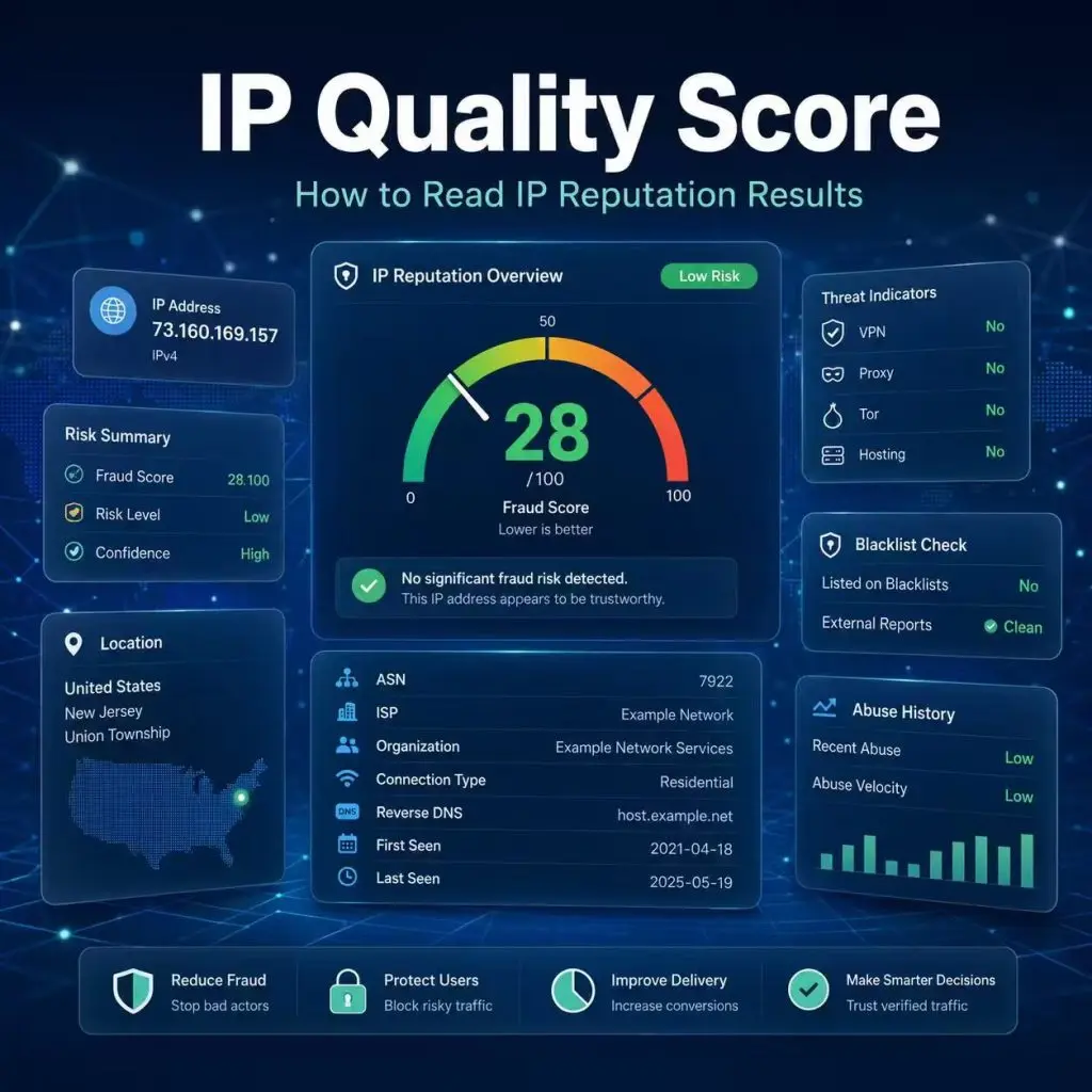 IP quality score dashboard showing IP reputation risk labels ASN blacklist status and location details