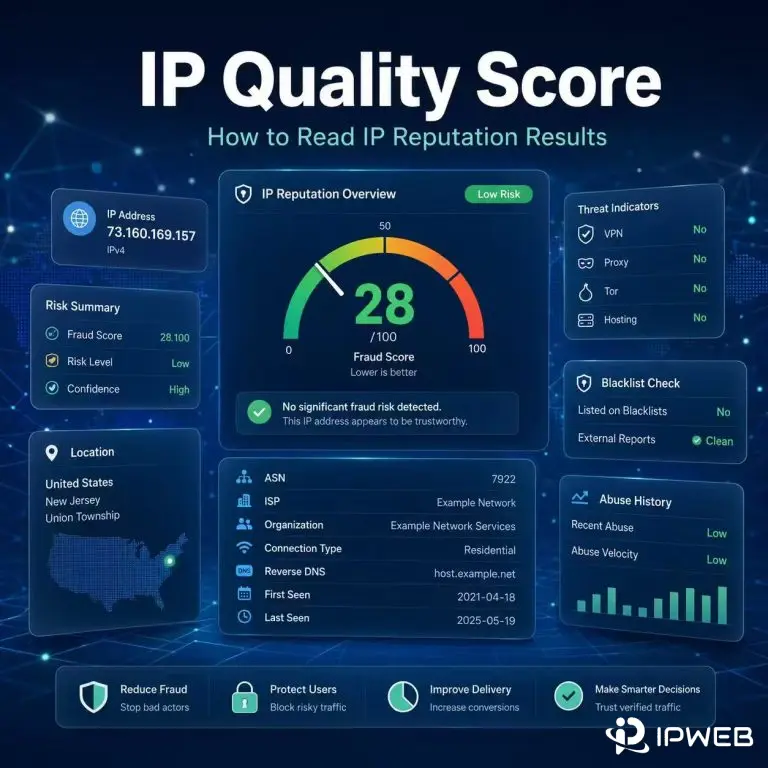 IP quality score dashboard showing IP reputation risk labels ASN blacklist status and location details