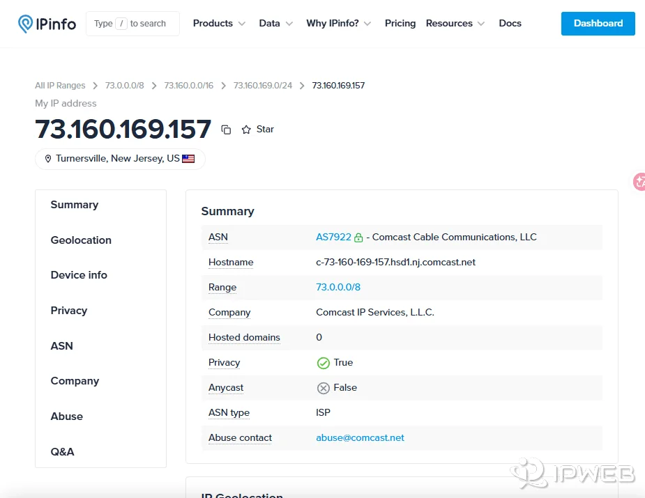 IP lookup result showing IP address location ASN company and network type