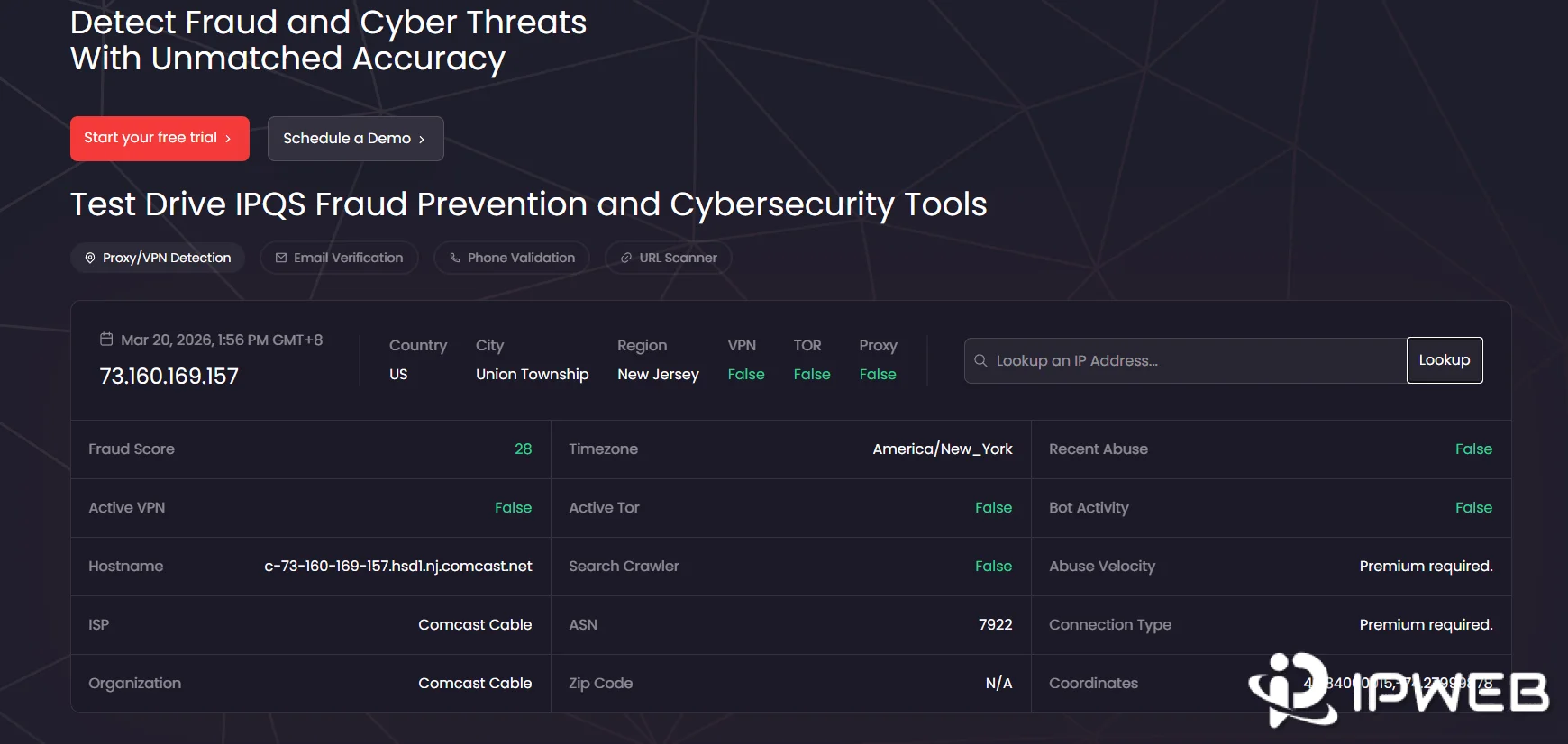 IPQualityScore fraud score report showing IP reputation VPN proxy TOR ASN ISP location and recent abuse fields
