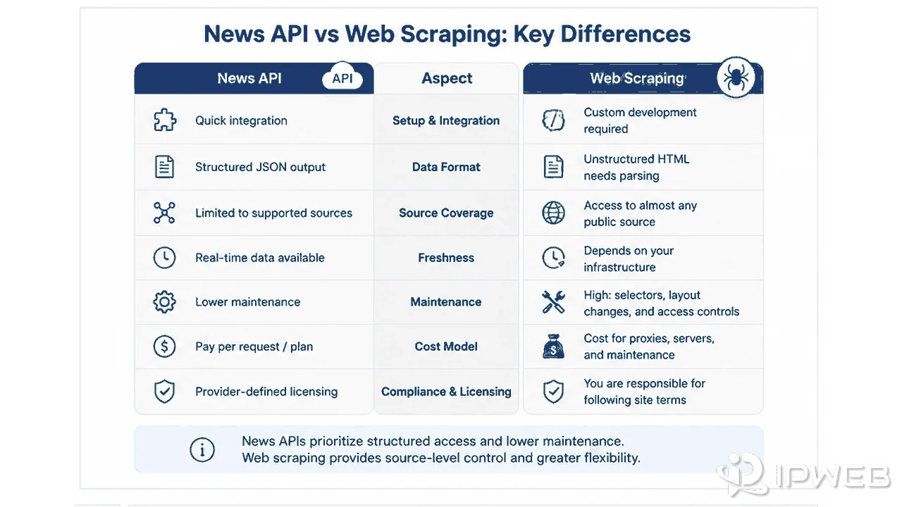 News API and web scraping compared by setup, data format, source coverage, freshness, maintenance, cost, and licensing