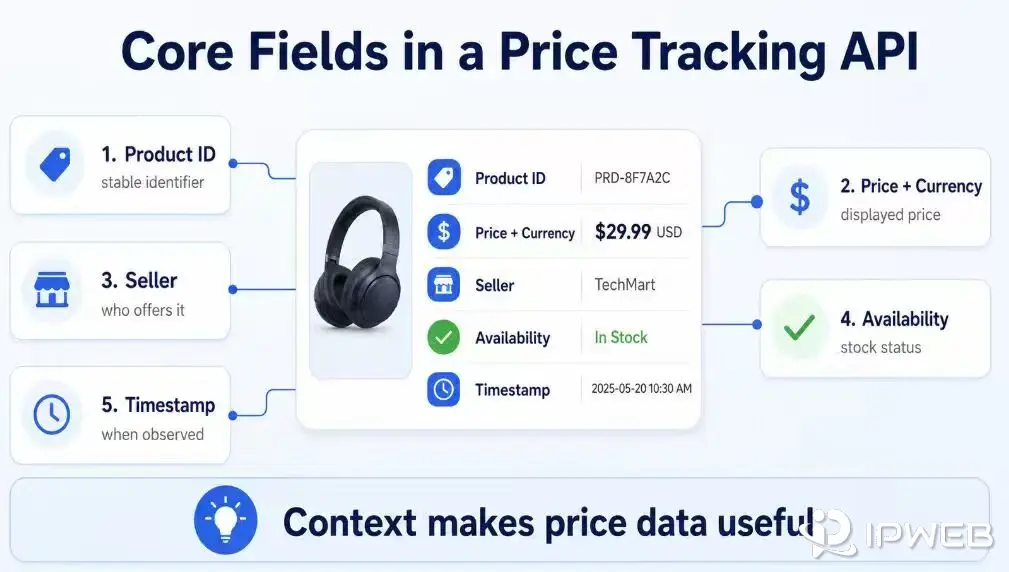 Core price tracking fields including product ID, price, seller, availability, and timestamp
