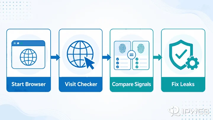 Workflow for checking proxy anonymity across IP DNS WebRTC and headers