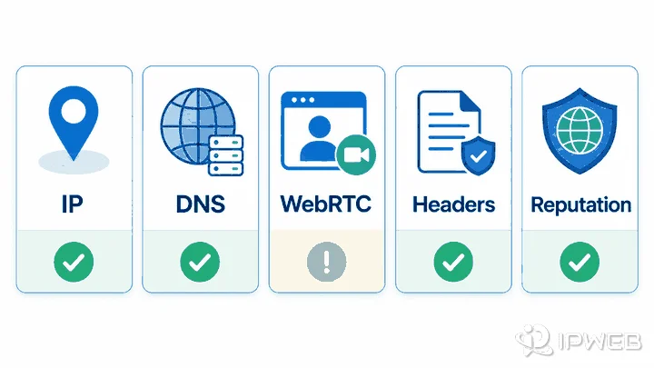 Proxy anonymity test matrix for IP DNS WebRTC headers and reputation