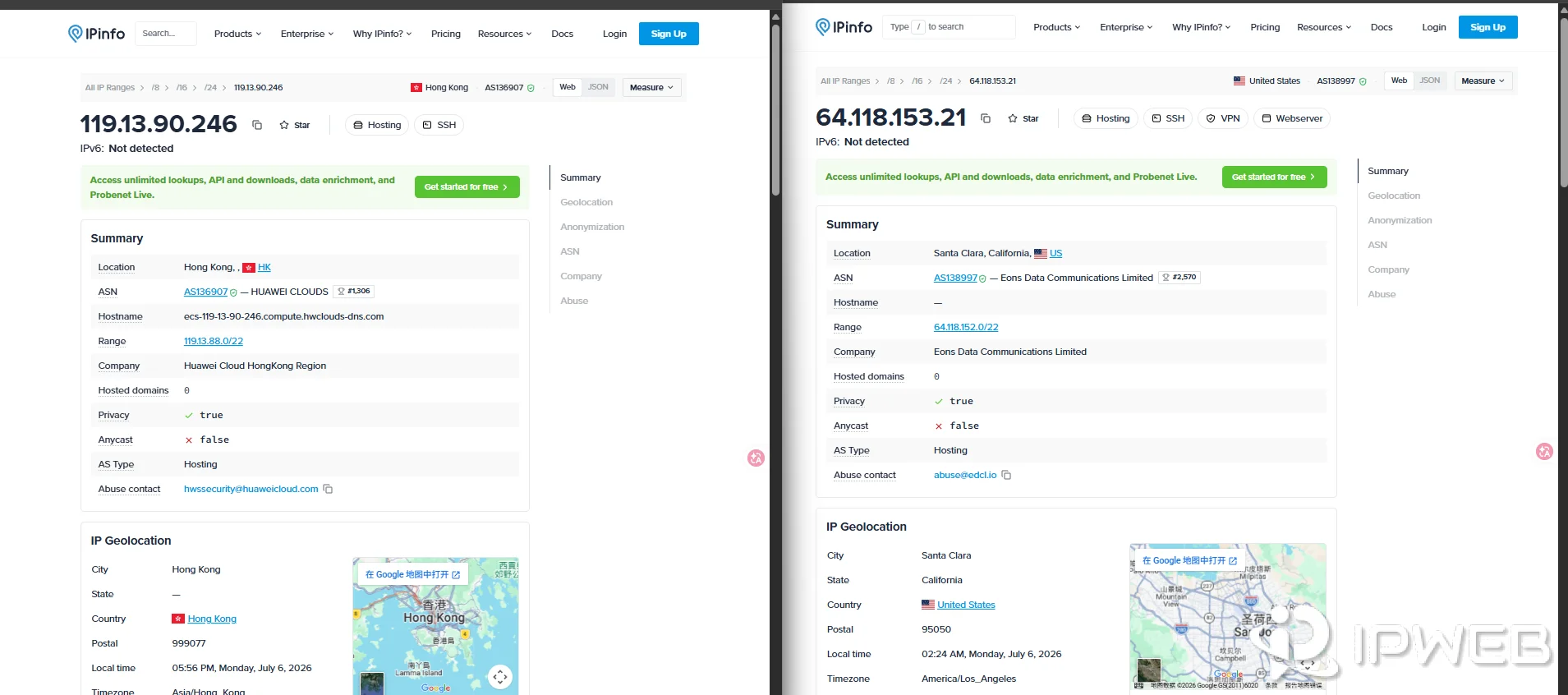 Curl IPInfo result showing different visible IP addresses before and after proxy setup