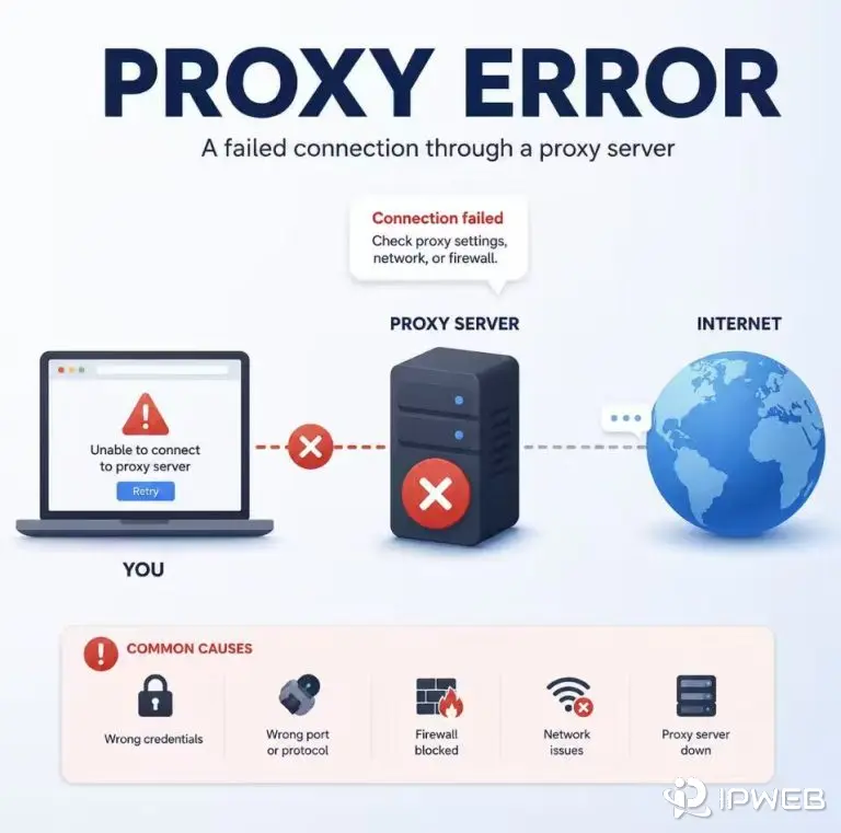 Proxy error diagram showing a failed connection through a proxy server