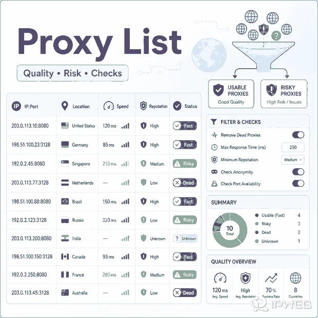 Proxy list quality and risk checks dashboard