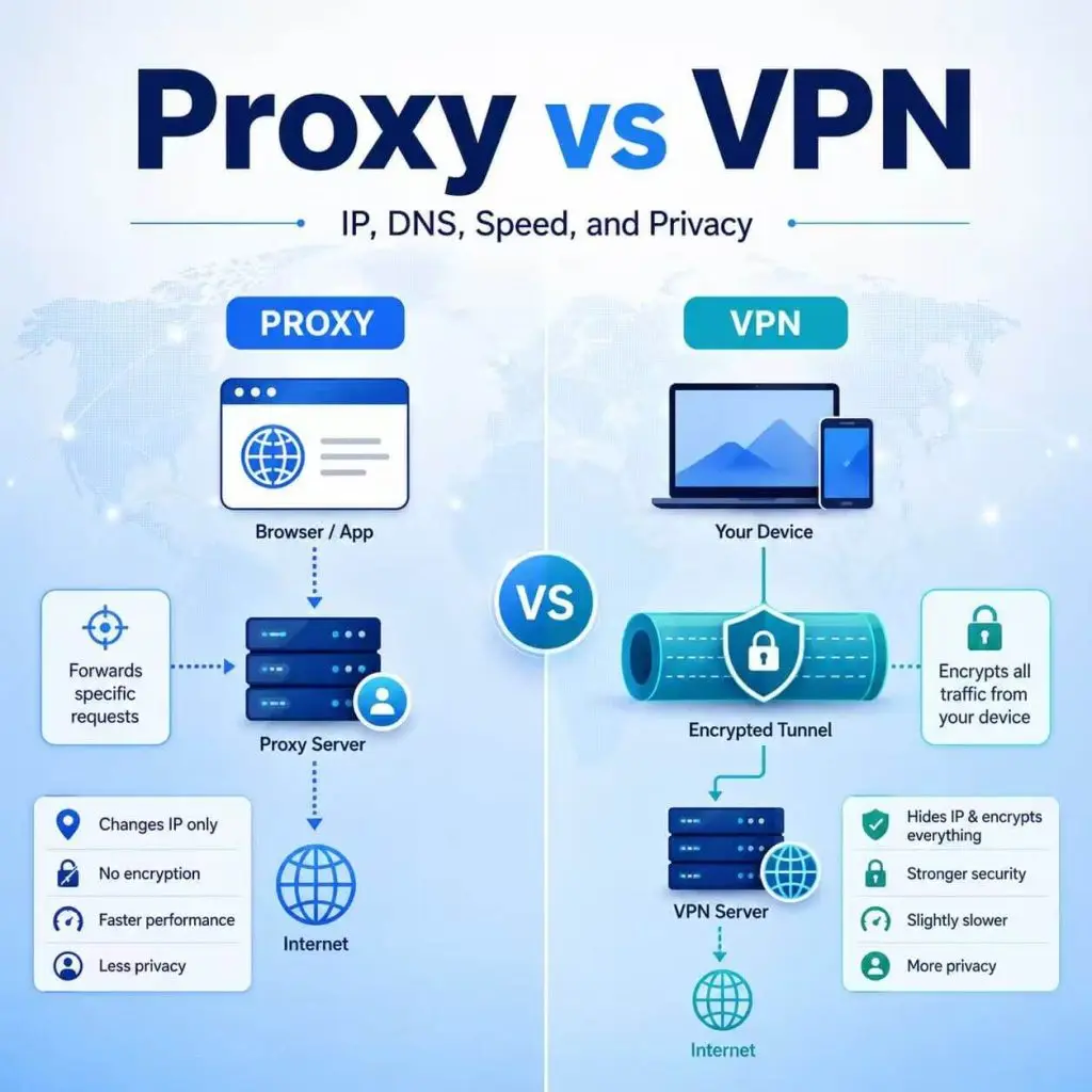 Proxy vs VPN comparison showing IP, DNS, speed, and privacy differences