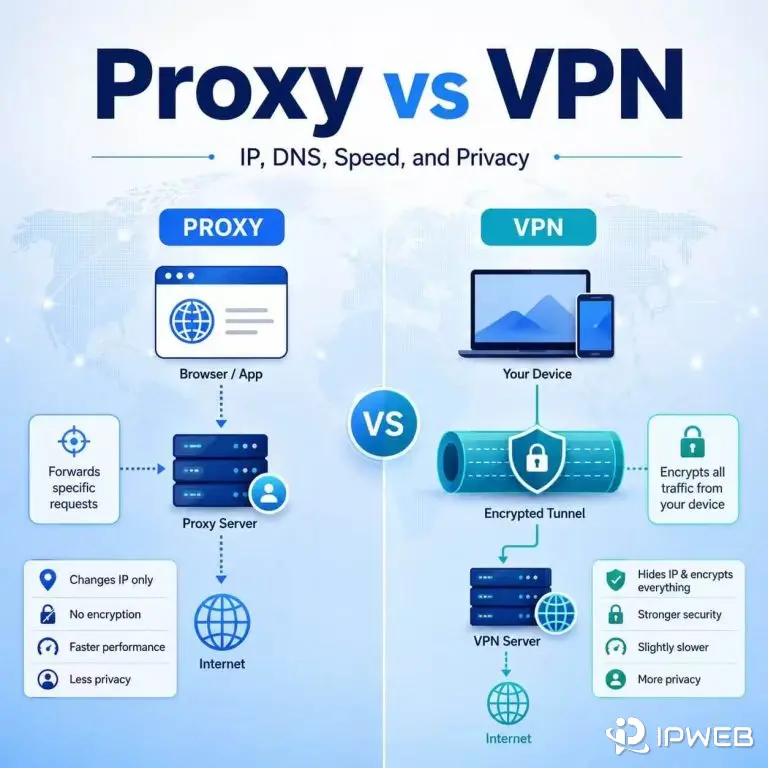 Proxy vs VPN comparison showing IP, DNS, speed, and privacy differences