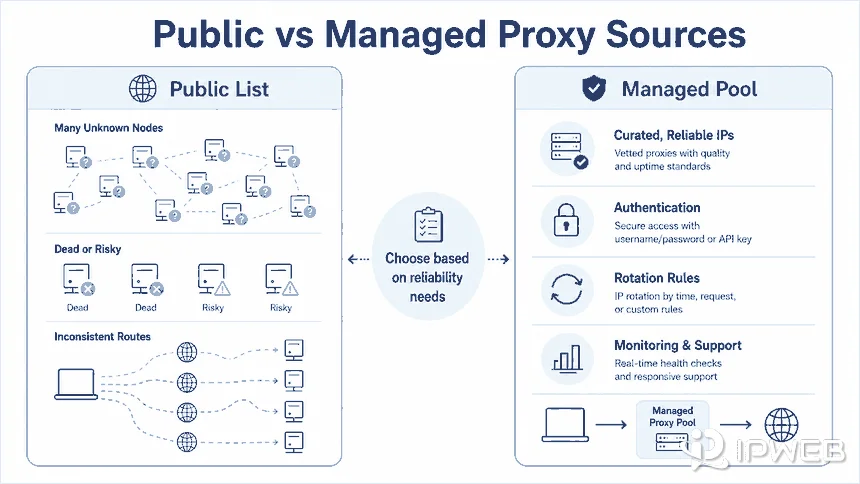 Public proxy list compared with managed proxy sources for reliability