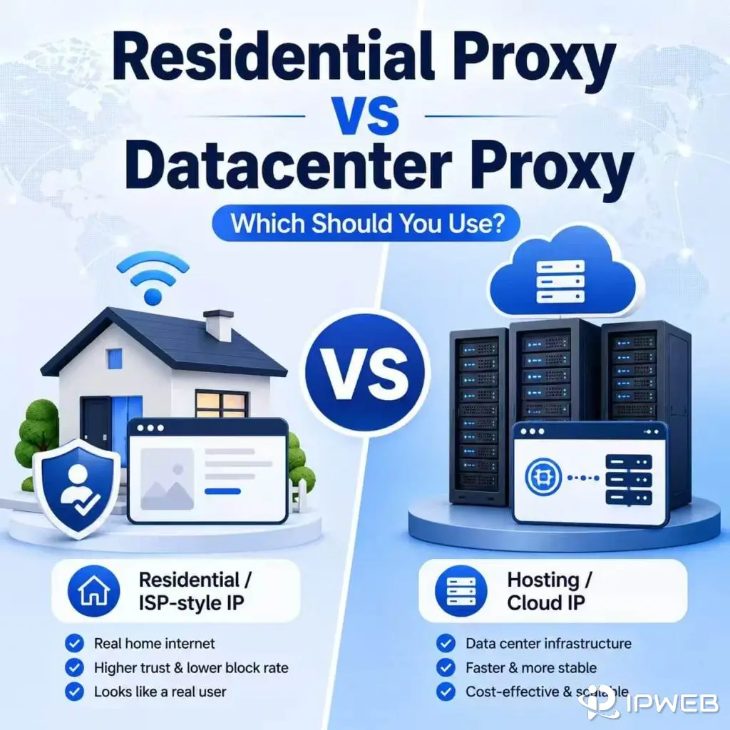 Residential proxy vs datacenter proxy comparison showing residential ISP IPs and datacenter cloud IPs