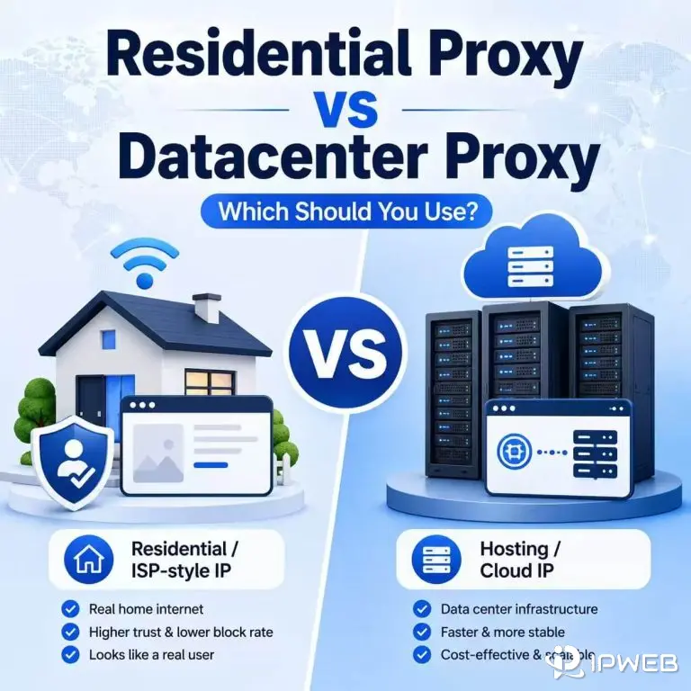 Residential proxy vs datacenter proxy comparison showing residential ISP IPs and datacenter cloud IPs