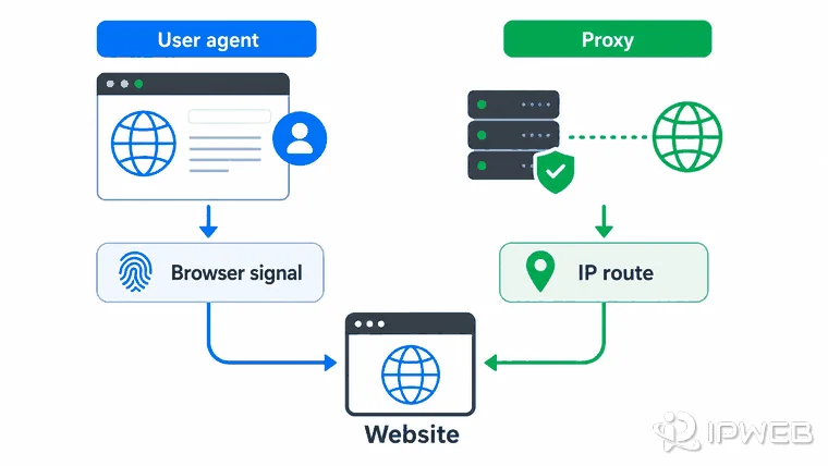 Proxy IP route compared with browser user agent and session signals