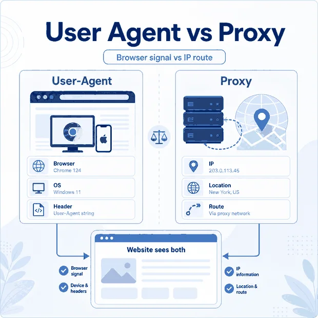 User agent browser signals compared with proxy IP routing