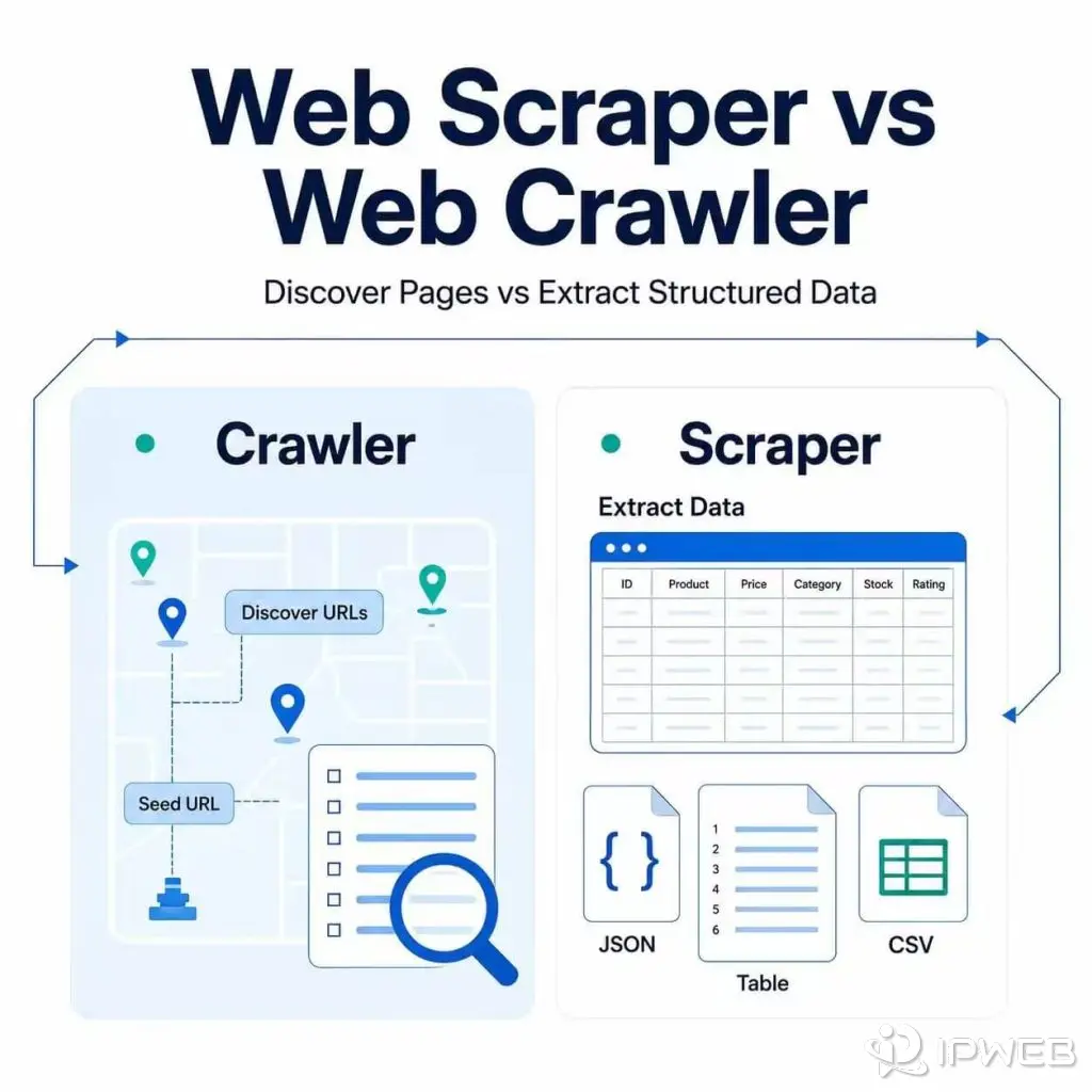 Diagram comparing a web crawler that discovers URLs with a web scraper that extracts page data