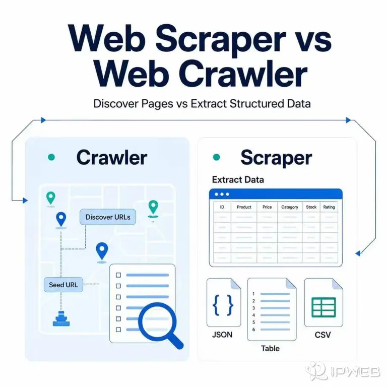 Diagram comparing a web crawler that discovers URLs with a web scraper that extracts page data