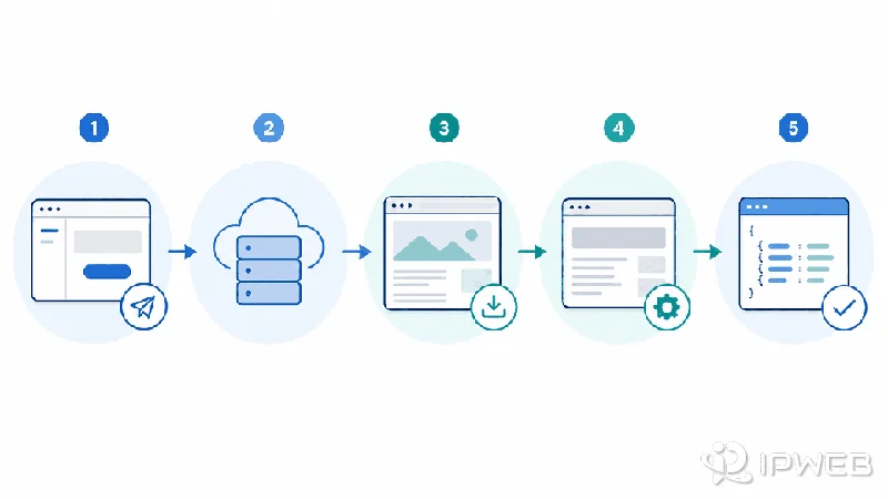 Web scraping API request flow from an application to a target page and returned data