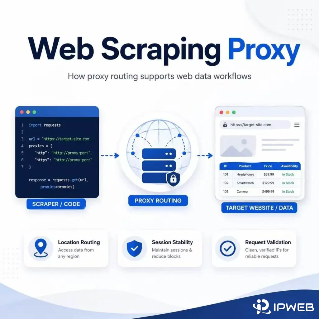 Web scraping proxy routing diagram for public data collection workflows