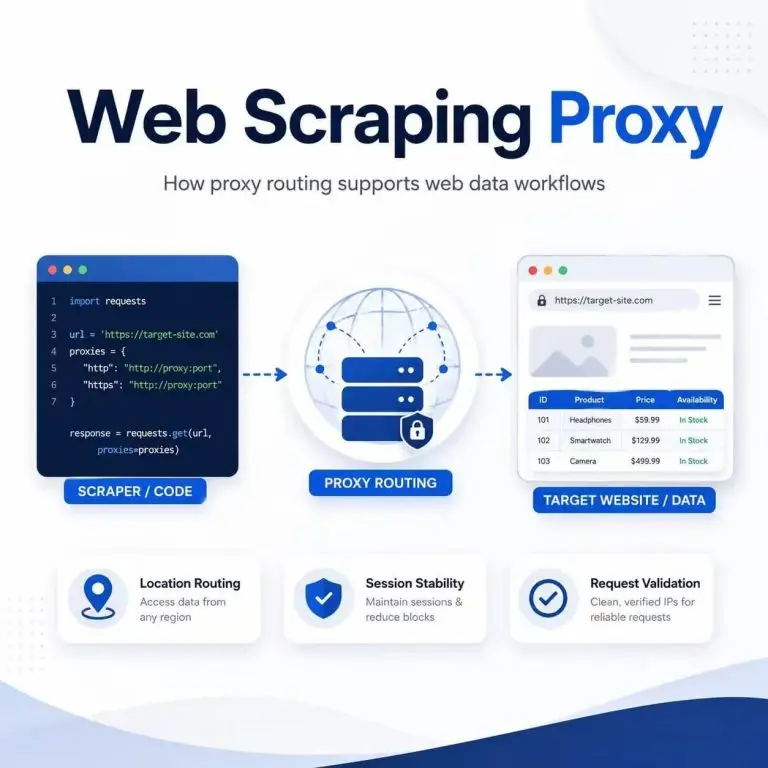 Web scraping proxy routing diagram for public data collection workflows