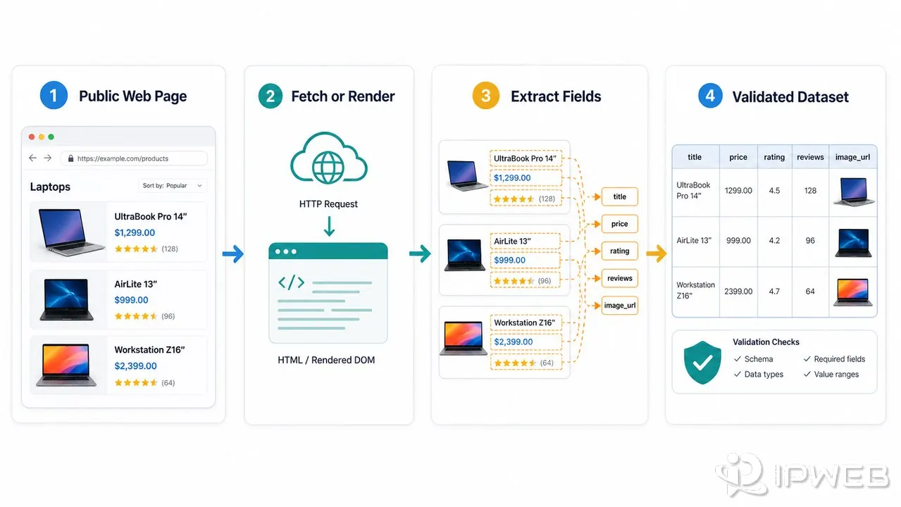 Web scraping workflow from a public web page to a validated structured dataset
