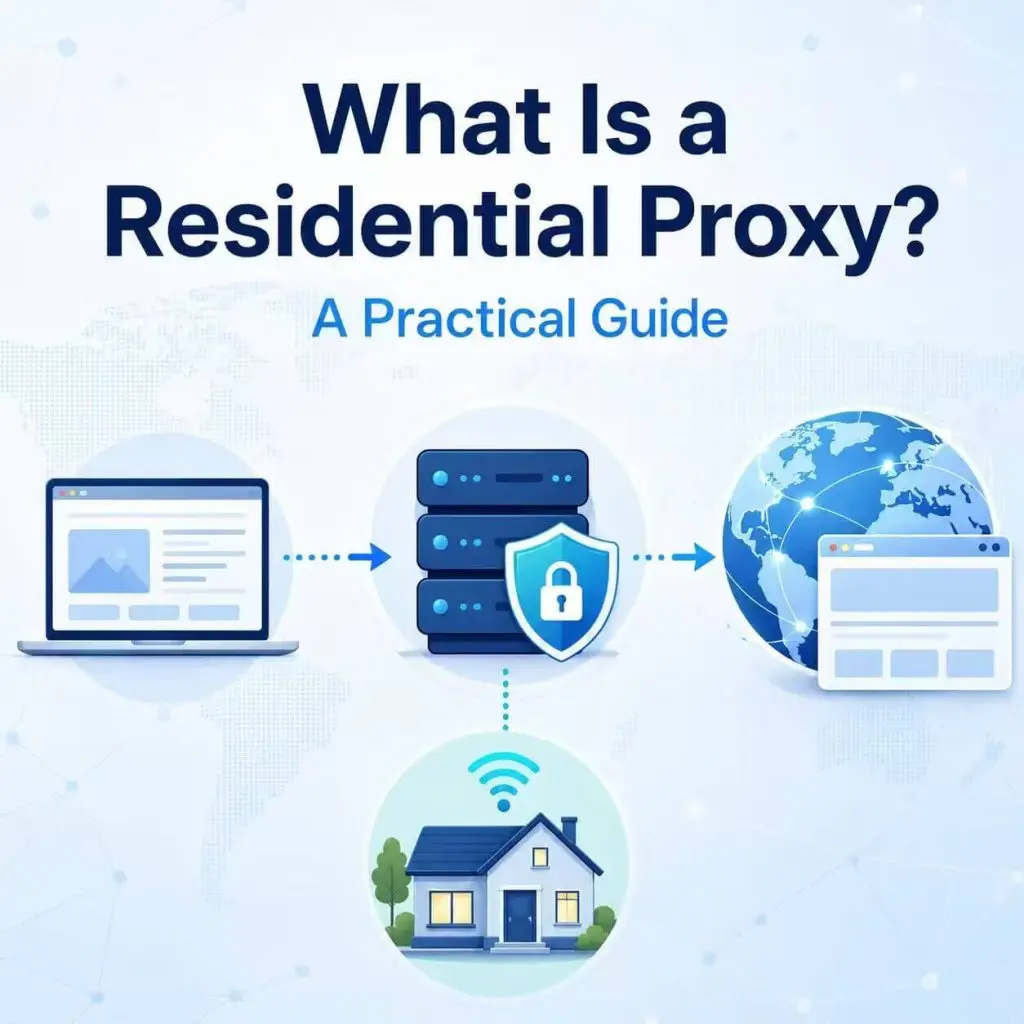 What is a residential proxy diagram showing device traffic routed through a residential proxy server and residential IP