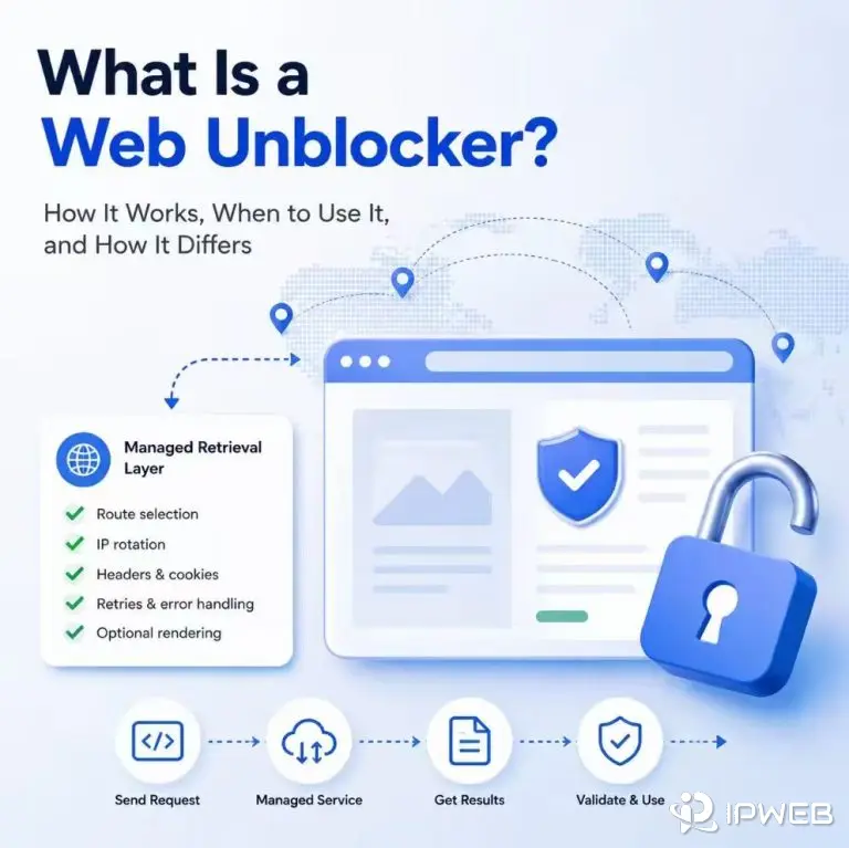Web unblocker managed retrieval workflow with routing, retries, rendering, and response validation