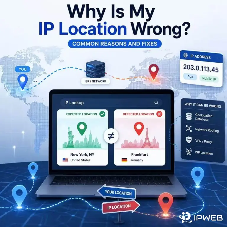 IP location mismatch explained with IP lookup, map pins, and geolocation database routing